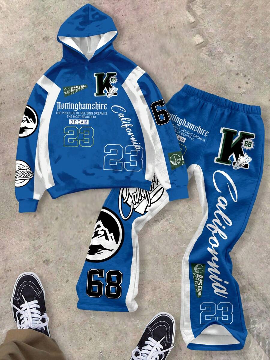 SHEIN Leap Crew Casual Loose Gothic Text, Baseball Culture, Number 23&68, Hip Hop Sport Style 2pcs Outfit - Hoodie With City Name Graphic Print & Pants For Teen Boys - Multicolor - View 1