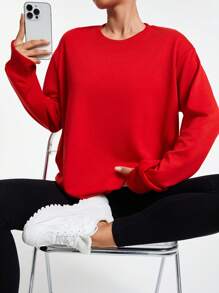 Easithlete Women's Solid Color Round Neck Long Sleeve Casual Sporty Sweatshirt