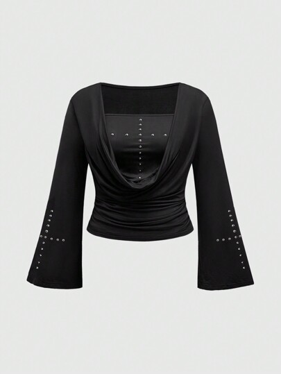 J-Fashion Maglietta con collo a giro, manica lunga, con decorazioni in strass a croce, adatta per uso casual quotidiano, disponibile in taglie comode