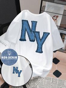 SHEIN EZwear 大码印花图案圆领短袖宽松 T 恤，适合夏季 - 白色 - 查看 4