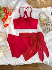 SHEIN 3-Piece Teen Girl 3D Floral Swimming Costume Set: Swimwear Top, Bottom And Skirt, For Casual Resort Vacation