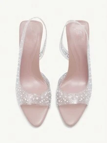 CUCCOO CHICEST 尖头细高跟水钻和人造珍珠装饰女士高跟凉鞋，露趾，时尚性感派对鞋春季鞋