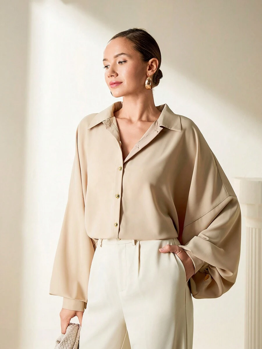RueChic Urban Style Batwing-Sleeve Gold Button Closure Women's Blouse - Mocha Brown - View 1