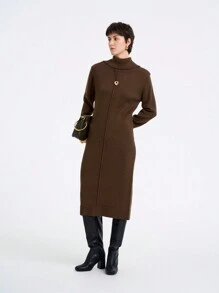 Aalyst Women's Plain High Neck Long Sleeve Fitted Sweater Dress