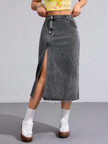 SHEIN ICON Women's Simple Front Button Pocket Split Hem Casual Denim Skirt - Dark Grey - View 2