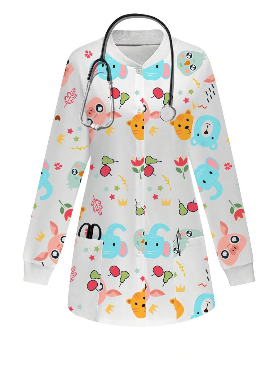 PopScrub Conjunto de uniforme de enfermera de estilo de dibujos animados con chaqueta y conjunto de ropa de trabajo de enfermera, vestidos de enfermera, parte superior del uniforme, Bottom del uniforme, batas de laboratorio, ropa exterior de uniforme - Blanco - Ver 1