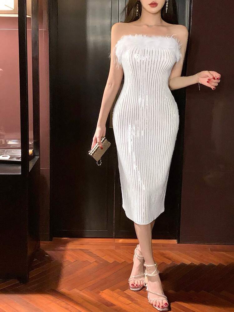 Women's Embellished Furry Patchwork Mid-Calf Cocktail Dress, Spring/Summer Prom Dress Party Women Homecoming Dresses Luxury Sequin Elegant Women Dresses New Year Eve Dress Sparkly Dress