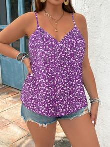 SHEIN VCAY 大码波西米亚风休闲碎花紫色吊带背心，适合夏季