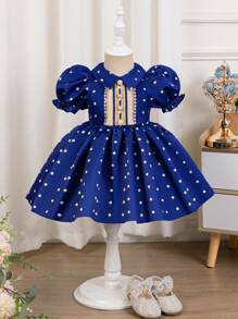 SHEIN Summer Cute Polka Dot Fancy Blue Short Sleeve Babygirl Dress - Blue - View 3