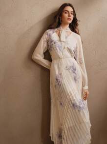 Anewsta Women Bowknot Decor Floral Print Asymmetric Hem Long Sleeve Modest Dress, Spring Outfit - Apricot - View 6