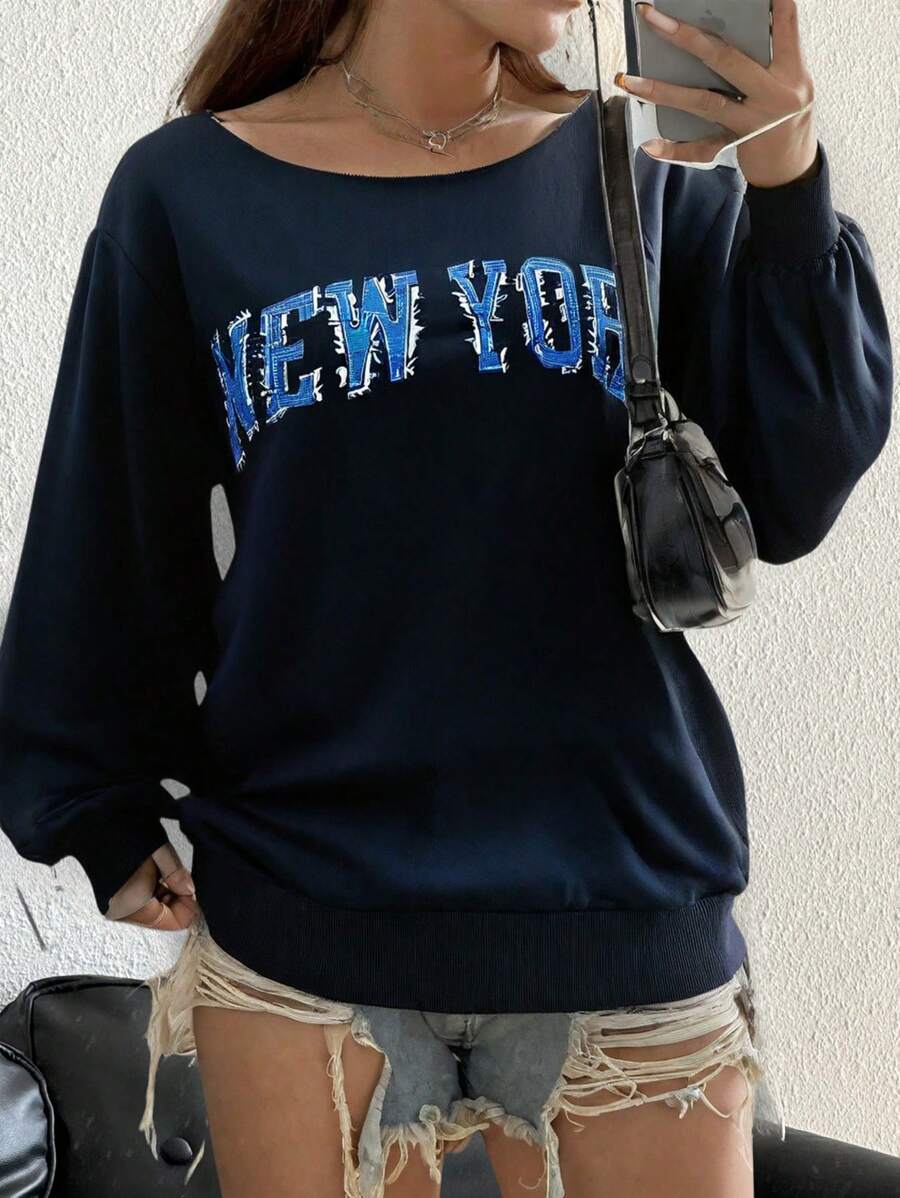 SHEIN Teengirl Off Shoulder Loose New Youk Slogan Print Long Sleeve Sweatshirt, Casual For Autumn/Winter - Navy Blue - View 1
