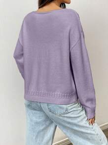 Flirla 女士休闲纯色落肩宽松针织套头毛衣，秋冬针织套头衫 - 紫色 - 查看 2