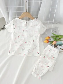 2pcs Baby Girls Cloud & Carrot Rabbit Pattern T-Shirt And Pants, Casual Comfortable Homewear Set - White - View 2