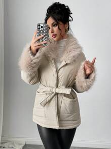 Firerie Women Zip-Up Front Long Sleeve Pockets Faux Fur Patchwork Casual Winter Jacket