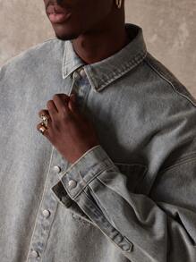 SUMWON Oversized Cropped Denim Shirt Raw Edge Jacket Fall Winter Essential Long Sleeve Streetwear Transitional Workwear Classic Grunge Fashion Statement Piece - Khaki - View 6