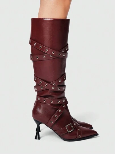 ROMWE Grunge Punk 女式哥特式扣带尖头中筒高跟靴情人节春季舞会高跟鞋