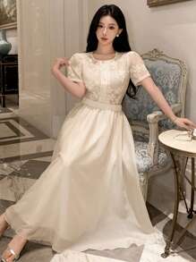 女士圆领泡泡袖蕾丝透视衬衫 - 杏色 - 查看 5