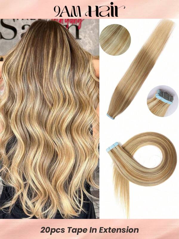 20 piezas de extensiones de cabello humano 100% con cinta adhesiva para salón, sedosas, sin costuras, invisibles, degradado dorado cenizo mezclado con rubio blanqueado para resaltar el cabello fino de mujer, extensiones de cabello con cinta adhesiva