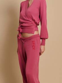 TryMe Women Lace-Up Long Sleeve Casual Top And Pants Set - Hot Pink - View 6
