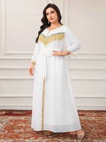 Al Najma Damen Große Größen Arabischer Stil Patchwork Quasten dekoriertes Langarm Kleid