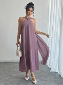 DAZY Vestido de gasa con decoración de nudo retorcido y chal, vestido de cóctel, vestido de fiesta y vestido informal para mujer