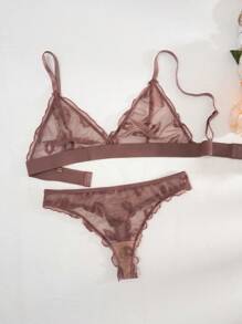 2pcs/Set Lip Jacquard Mesh See-Through Wirefree Triangle Cup G-String Panties (Lingerie Set) - Mocha Brown - View 3