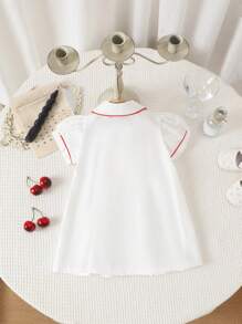 SHEIN 女宝宝夏季可爱刺绣樱桃撞色领带织带泡泡短袖白色连衣裤连衣裙 - 白色 - 查看 2