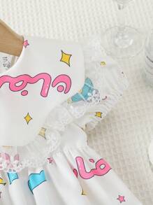 SHEIN Baby Girl Cute Aerospace Space Shuttle Woven Bubble Sleeve Ruffle Collar Dress - Multicolor - View 4