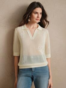 Anewsta 宽松提花针织女式毛衣、海滩、女士春夏装 - 杏色 - 查看 2