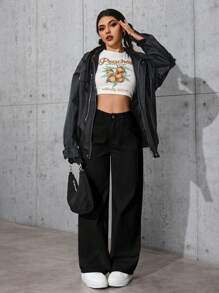 SHEIN PETITE Quần Jeans Nữ Đơn Giản, Màu Trơn, Túi Cài Nút Phía Trước, Mặc Hàng Ngày - màu đen - Xem 4