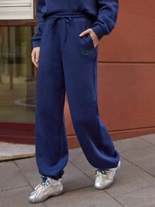 Maija 女士蓝色早春松紧腰字母印花前抽绳斜口袋休闲运动长裤，时尚百搭日常穿着节日 - 藏蓝色 - 查看 3