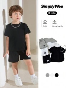 SHEIN 3 件套年轻男孩夏季服装 - 舒适休闲风格金属链装饰圆领短袖 T 恤和短裤 2 件套，超值多件装适合户外、街头、派对、休闲 - 灰色 - 查看 2
