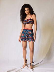 JIAN LASALA Women Multicolor Two Pieces Outfits Boho Spaghetti Strap Sleeveless Graphic,Geometric Tie Back,Ruffle Summer Outfits For Women Summer Two Pieces Outfits Vacation Outfits Going Out, Beach Outfits For Woman - Multicolor - View 1
