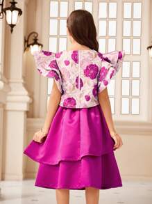 Conjuntos para niñas preadolescentes, Elegante parte superior con mangas con volantes de brocado metálico para niñas preadolescentes, irradia Charm y lujo como una pequeña princesa