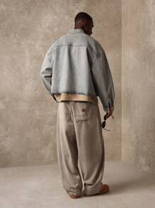 SUMWON Oversized Cropped Denim Shirt Raw Edge Jacket Fall Winter Essential Long Sleeve Streetwear Transitional Workwear Classic Grunge Fashion Statement Piece - Khaki - View 2