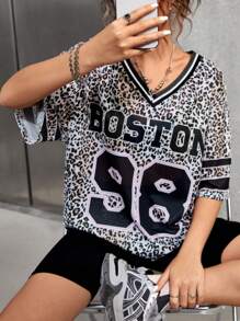 SHEIN Ragazza adolescente, 2 pezzi, abbigliamento per tempo libero e sport, nuova Maglietta casual oversize con scollo a V e stampa leopardata e leggings neri