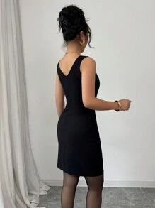 Elenzga Sleeveless Square Neck Waist Defined Simple Elegant Women Black Short Dress