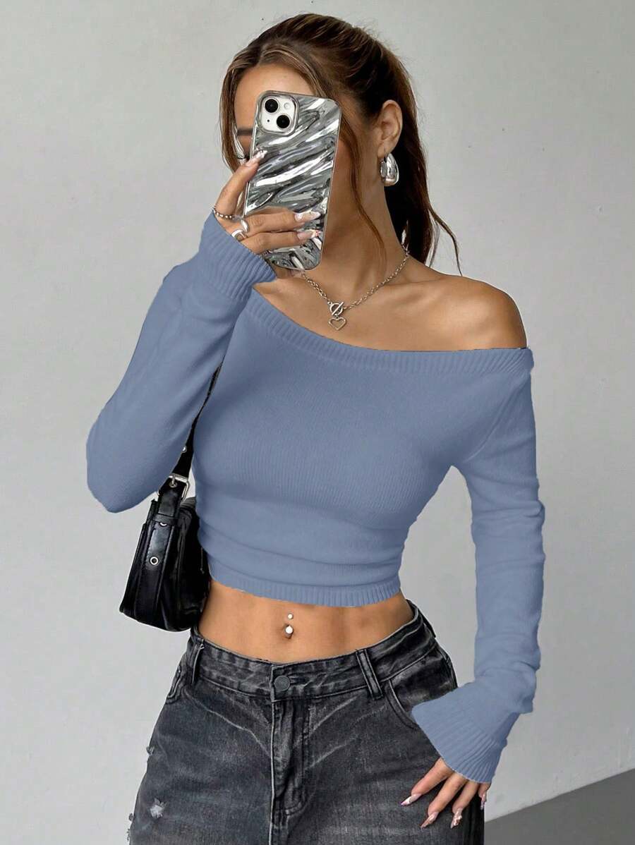 Flirla 1pc Women's Minimalist & Casual Classic Solid Color Long Sleeve Sweater Knit Pullover Fall Winter Sweater