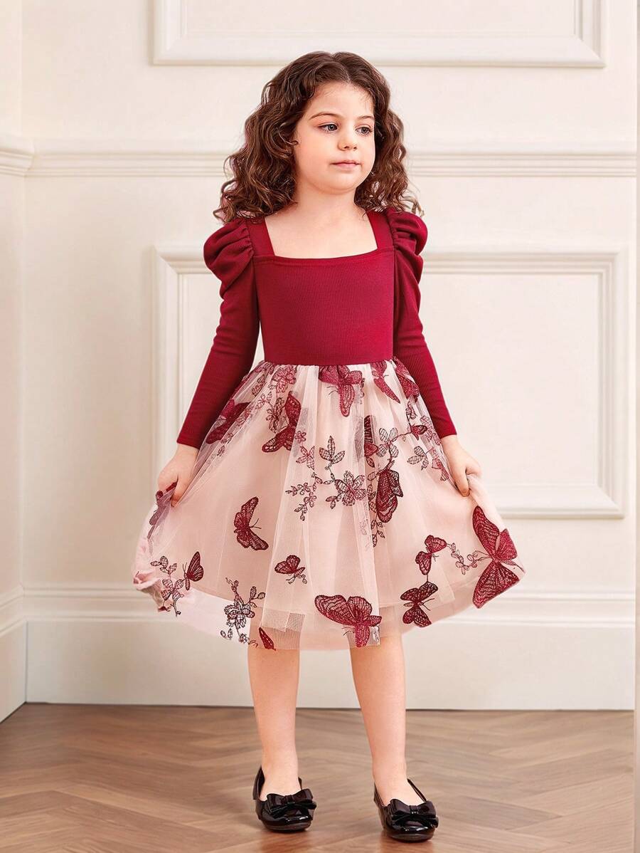 SHEIN Cô Gái Trẻ Dệt kim Màu thuần Với Thêu Bướm Và Lưới Đầm - Màu Đỏ Sâu - Xem 1