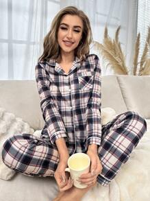 Multi-Color Plaid Print Lapel Long Sleeve Pajama Set, Fall Winter Clothes Cozy And Elegant Details