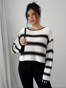 SHEIN Unity Suéter de mujer casual de manga larga con hombros caídos y bloques de color a rayas, suéter de punto de otoño/invierno - Albaricoque - Ver 3
