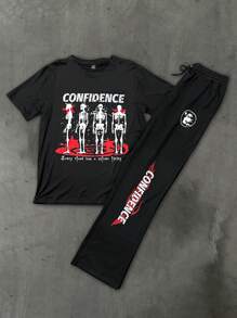 Manfinity Roghcode Men's Casual Skull & Letter Print Short Sleeve T-Shirt And Drawstring Waist Long Pants Set - Black - View 5