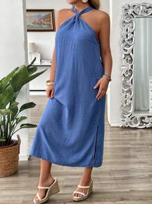 SHEIN LUNE Váy dài vừa phải in họa tiết denim cỡ lớn quai mảnh - Màu xanh lam - Xem 4
