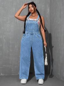 SHEIN ICON Plus Size Women's Pocketed Wide Leg Casual Denim Jumpsuit - Light Wash - View 5