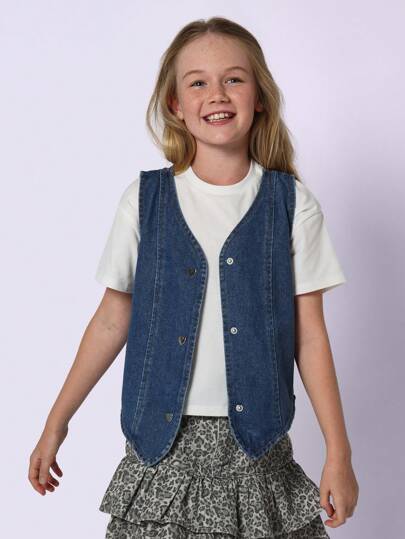 SUMWON Denim Button-Up Vest Classic Girls Sleeveless Jean Waistcoat Casual Daily Wear Spring Summer Fall Layering Fashion School Outerwear