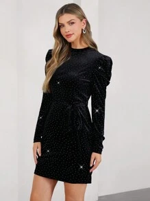 SHEIN Clasi 女士圆领长袖系带休闲天鹅绒闪亮派对连衣裙闪亮连衣裙 - 黑色 - 查看 1