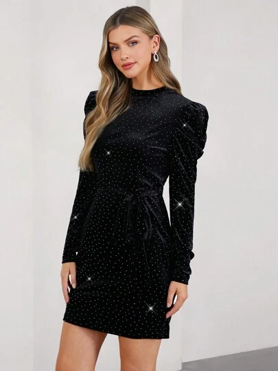 SHEIN Clasi 女士圆领长袖系带休闲天鹅绒闪亮派对连衣裙闪亮连衣裙