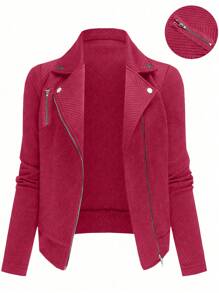 SHEIN LUNE Chaqueta de motocicleta casual con cremallera y textura de tela, con solapa