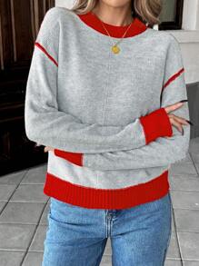 SHEIN Essnce Women Solid Color Patchwork Crew Neck Long Sleeve Casual Sweater - Multicolor - View 6