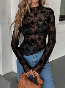 SHEIN Essnce Women's Floral Flocked See-Through Long Sleeve Sheer Top